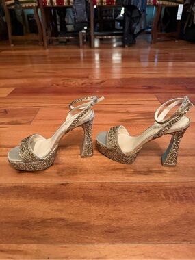 Betsey Johnson Gold Glitter Platform Ankle-Strap Heels